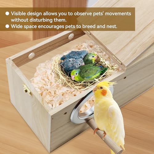 Large Parakeet Nesting Box for Cage,Transparent Bird Breeding Box Acrylic Parakeet Nest Natural Wood Bird Cage House for Parrot Cockatiel Budgies Canaries Lovebirds (L) - size: Large