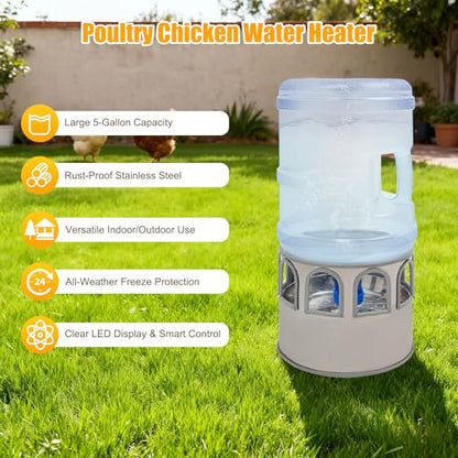 Poultry Chicken Water Heater, 80W Heated Chicken Waterer 5 Gallon with 32 °F-122°F Temperature Adjustable, 9 Drinking Windows & LED Display Screen, Poultry Water Deicer for Winter