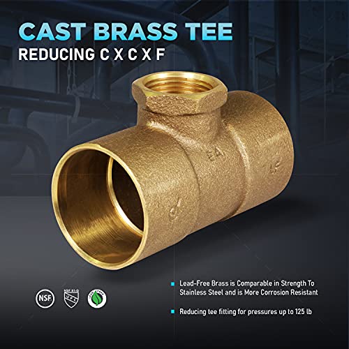 CCFT1213-NL C X C X F Cast Brass Tee Fitting with Solder Cups and Female Threaded Branch, 1-1/2" x 1-1/2" x 3/4" - size: 1-1/2" x 1-1/2" x 3/4"