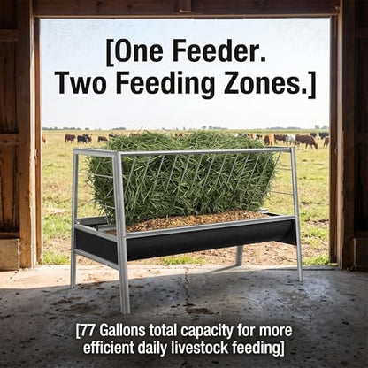 77 Gallon Outdoor Livestock Hay Feeder, Stainless Steel Anti-Waste Feeder with Rubber Trough, Durable Farm Feeding Supplies for Goats, Sheep, Calves & Horses