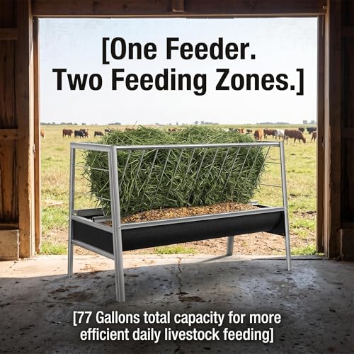 77 Gallon Stainless Steel Anti-Waste Feeder, Rubber Trough Hay Feeder, Heavy Duty Farm Feeding Device for Goats, Sheep, Calves and Horses Outdoor Use