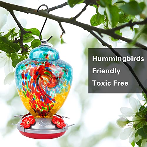 REZIPO Hummingbird Feeder with Perch - Hand Blown Glass - 38 Fluid Ounces Hummingbird Nectar Capacity Include Hanging Wires and Moat Hook (Half Green) - color: Half Green