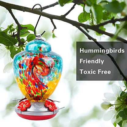 REZIPO Hummingbird Feeder with Perch - Hand Blown Glass - 38 Fluid Ounces Hummingbird Nectar Capacity Include Hanging Wires and Moat Hook (Half Green) - color: Half Green