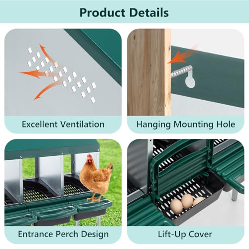 Durable Metal Chicken Nesting Box for Hens – Wall-Mounted Poultry Nest with Ventilation, Easy-Clean Design for Backyard Coops (3-Hole with Legs,Green)