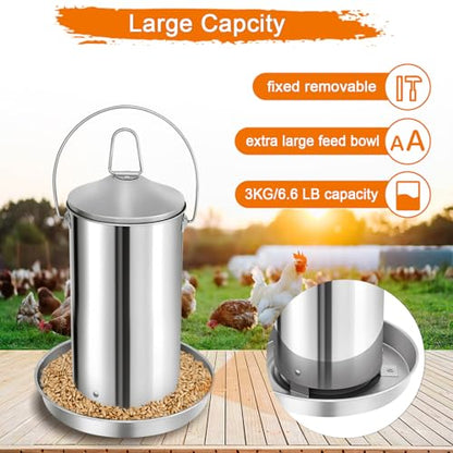 RYFT Automatic Chicken Feeder 3KG/6.6lbs, Stainless Steel Poultry Feeder, Heavy Duty Thickness 0.035 in / 0.9 mm, with Handle, Top Filled, Durable and Rust Resistant - size: 6.6lbs
