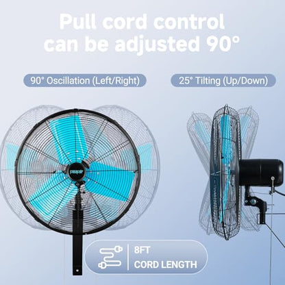 20 Inch Wall Mount Fan Oscillating High-Velocity Fans 5500 CFM, 3 Speed Industrial Wall Fan with 90°Horizontal 30°Tilt Oscillation for Warehouses, Workshops, Factories, Commercial Indoor Greenhouses