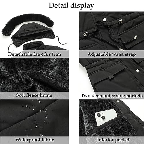 MOERDENG Women's Warm Winter Puffer Coat Thicken Fleece Lined Down Jacket Faux Fur Detachable Hood Snow Parka - color: Black, size: Small