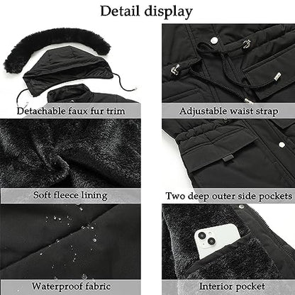 MOERDENG Women's Warm Winter Puffer Coat Thicken Fleece Lined Down Jacket Faux Fur Detachable Hood Snow Parka - color: Black, size: 3X-Large
