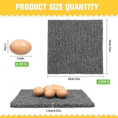 Chunful 12 Pcs Nesting Pads for Chicken Coop, Washable Plastic Nesting Box Liners 12x12 Inch Reusable Nest Box Pads with 6 Pcs Fake Wooden Eggs Chicken Laying Mats Coop Accessories