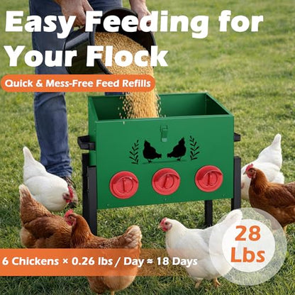 30 LB Large Automatic Chicken Feeder, No Waste Metal Poultry Feeder with 8 Ports, Weatherproof Outdoor Dispenser with Adjustable Legs & Locking Lid for Backyard Chickens, Green