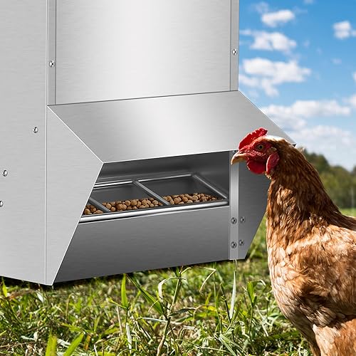 Galvanized Chicken Feeder, 30LBS Capacity Weatherproof Steel Outdoor Coop Food Dispenser, Rat Proof Hanging Chicken Feeder with Lid, Poultry Feeders No Waste for Chicken and Duck, Silver