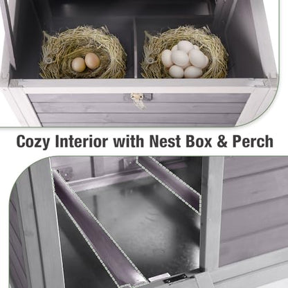 Small Chicken Coop with 2 Nesting Boxes, Wooden Hen House for 1-2 Chickens, Waterproof Asphalt Roof Poultry Hutch with Wildlife-Proof Latches, Roosting Bar and 4 Ground-Clearing Legs - color: Grey