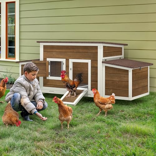 YITAHOME Chicken Coop Large Wooden Chicken House Chicken Pen Outdoor with 2 Nesting Boxes Poultry Cage Rabbit Hutch Duck Cage with Weatherproof Roof (Brown) - color: Natural, size: 66.9"L x 24.8"W x 28.0"H