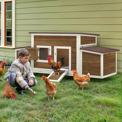 YITAHOME Chicken Coop Large Wooden Chicken House Chicken Pen Outdoor with 2 Nesting Boxes Poultry Cage Rabbit Hutch Duck Cage with Weatherproof Roof (Brown) - color: Natural, size: 66.9"L x 24.8"W x 28.0"H