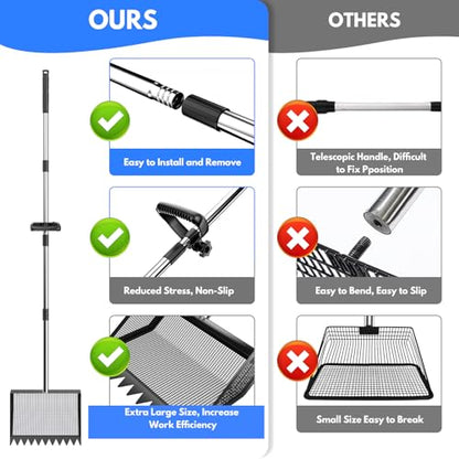 VEEMI Chicken Poop Scooper Rake 2-in-1,304 Stainless Steel Shovel Head, Chicken Litter Scoop with Handle for Chicken Coop for Sand, Pet Waste Cleaning, Litter Sifting Shovel (35 to 65")