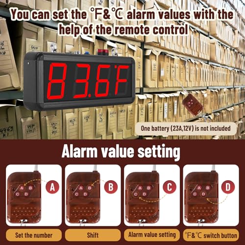 JIAWANSHUN 4" Large LED Industrial Temperature Display, -58℉-212℉ ±0.9℉, ℃/℉ Adjustable Thermometer with Flashing Alert & Independent Switch, for Lab, Aquarium & Freezer