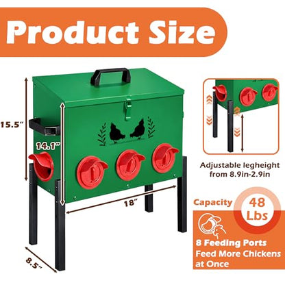48 LB Large Automatic Chicken Feeder, No Waste Metal Poultry Feeder with 8 Ports, Weatherproof Outdoor Dispenser with Adjustable Legs & Locking Lid for Backyard Chickens, Green