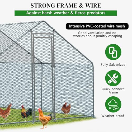 Outvita Chicken Coop, 10×10 FT Large Metal Chicken House, Poultry Habitat Cage with Waterproof Cover, Walk-in Chicken Run Pen for Small Animals, Yard, Farm, Patio - color: Silver, size: 120.0"L x 120.0"W x 78.0"H