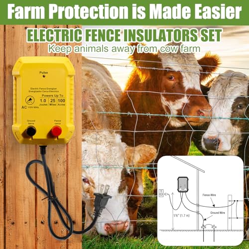 MorningRo Electric Wire Fence Kit, 25 Mile 110vac 1 J Plug in Fence Charger with 656 ft Polywire, 40 T Post Insulators, 20 Screw in Insulators for Pasture Farm Horse Cattle Poultry Fencing - size: 656FT, style: 1J
