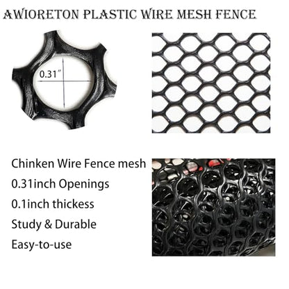 Upgraded Heavy Duty Plastic Chicken Wire Fence Mesh - 15.7" x 10' Black Poultry Netting with 40 Zip Ties - Rustproof Pet Safety Balcony Net, Garden Fencing for Snake/Rabbit, Floral Mesh for Crafts - color: Black