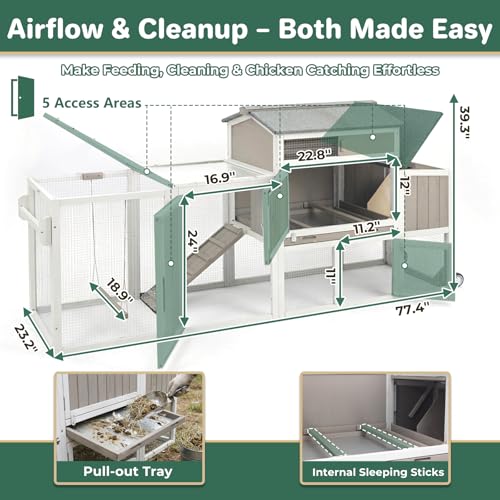 Mobile Chicken Coop with Wheels, Weatherproof Large Hen House Chicken Tractor with Nesting Box, Roosting Bars, Pull-Out Tray, Asphalt Roof & Fun Swing for Chickens Quails, Backyard Use