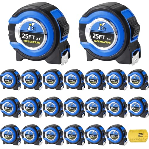 Youyole 20 Pack Tape Measure with Fractions 1/8 Steel Measuring Tape Retractable Easy Read Measurement Ruler Steel Power Blade (25 ft X 1 in,Blue) - size: 25 ft X 1 in