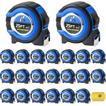Youyole 20 Pack Tape Measure with Fractions 1/8 Steel Measuring Tape Retractable Easy Read Measurement Ruler Steel Power Blade (25 ft X 1 in,Blue) - size: 25 ft X 1 in