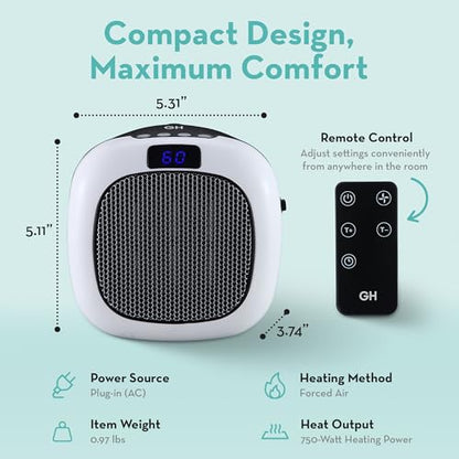 Good Housekeeping Wall-Mount Indoor Mini Space Heater w/ Thermostat & Remote, 750W, White - color: White