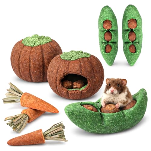 HERCOCCI 8Pcs Guinea Pig Chew Toys, Hamster Toys Prevent Excessive Teeth Growth Natural Vegetables Carrot and Timothy Grass for Guinea Pig Rabbit Chinchillas Gerbil