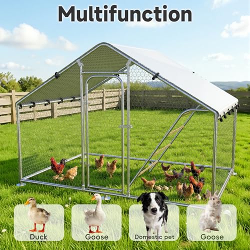 Large Metal Chicken Coop with Roosting Perch, Waterproof and UV-Resistant Cover,Outdoor Walk-in Cage Hen House for Yard Farm Rabbit Duck Chicken Run with Spire Roof(9.9'W x 5'L x 6.4'H) - size: 59.9"L x 118.0"W x 78.0"H