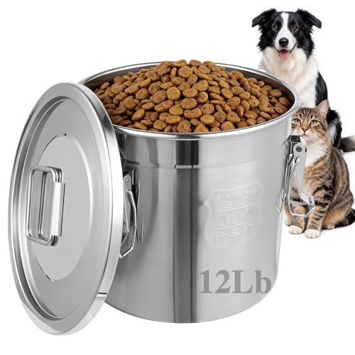 12 Lbs 304 Stainless Steel Dog Food Storage Containers with Airtight Lid and Locking Clamp, Large Metal Pet Food Storage Container Food Bin for Dogs, Cats & Birds Seed, Keep Fresh - size: 12Lbs