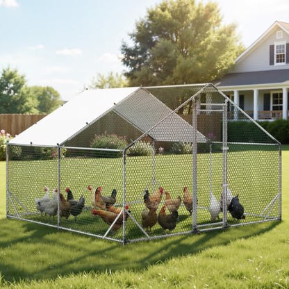 VEVOR Large Metal Chicken Coop,9.8 x 9.8 x 6.6 ft, Walk-in Chicken Run House with Waterproof Cover & Sturdy Frame, Spire Roof Poultry Cage Duck Pen for Rabbit Hen Goose Outdoor Backyard Farm Use - size: 118.1"L x 118.1"W x 78.7"H