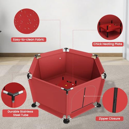 Brooder Box for Chicks, All-in-One Chick Starter Kit, Stainless Steel Frame Baby Chicken Brooder Playpen with Heater, Perch, Feeder & Waterer Set, Up to 30 Chicks, Hexagon Style