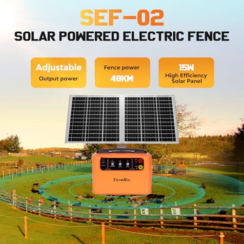 6-12KV Adjustable Output Solar Fence Charger,30 Miles Electric Fence Charger for Livestock,1.5J Solar Charger,15W Solar Electric Fence,24H Protection Solar Powered Electric Fence Kit - color: Orange