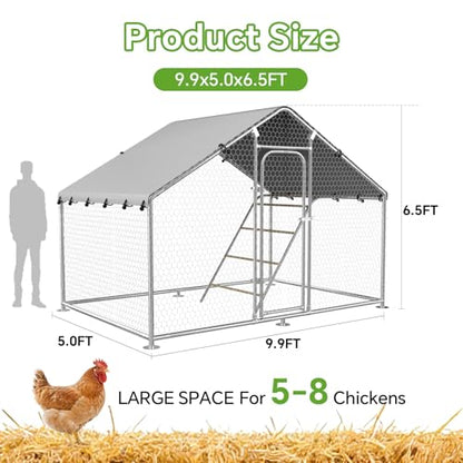 Large Metal Chicken Coop Run with Roosting Perch, 10’x 5’x 6.4’,Outdoor Walk-in Chicken Duck Cage Fence Enclosure Hen House with Waterproof and UV-Resistant Cover for Yard - size: 59.9"L x 120.0"W x 78.0"H