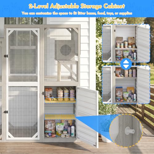 Ketive Catio Outdoor Cat Enclosure Large Walk-in Cat House with Storage Cabinet, Multi-Level Platforms with 2 Cat Trees, Roll-Up Roof for Multiple Cats, Backyard Patio Garden - size: 65.0"L x 29.5"W x 67.1"H