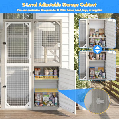 Ketive Catio Outdoor Cat Enclosure Large Walk-in Cat House with Storage Cabinet, Multi-Level Platforms with 2 Cat Trees, Roll-Up Roof for Multiple Cats, Backyard Patio Garden - size: 65.0"L x 29.5"W x 67.1"H