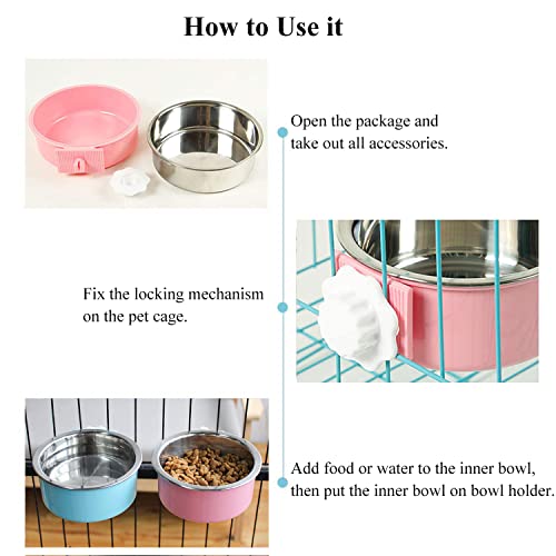 Dog Crate Bowl, Hanging Stainless Steel Removable Pet Crate Water & Food Bowls, Pet Cage Feeder Container Coop Cup for Cat Puppy Birds Rats Guinea Pigs Rabbit Hamster (2PCS) - color: (Round) Green/Pink