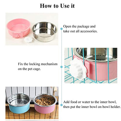 Dog Crate Bowl, Hanging Stainless Steel Removable Pet Crate Water & Food Bowls, Pet Cage Feeder Container Coop Cup for Cat Puppy Birds Rats Guinea Pigs Rabbit Hamster (2PCS) - color: (Round) Green/Pink