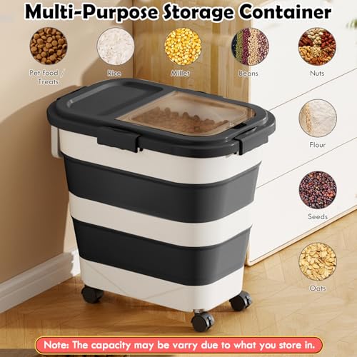 Dog Food Storage Container, 25Lbs Large Collapsible Pet Cat Food Container with Airtight Lids Wheels Handle Scoop Measuring Cup Small Container, Rice Kitchen Dry Food Storage Dispenser Bin (Black)