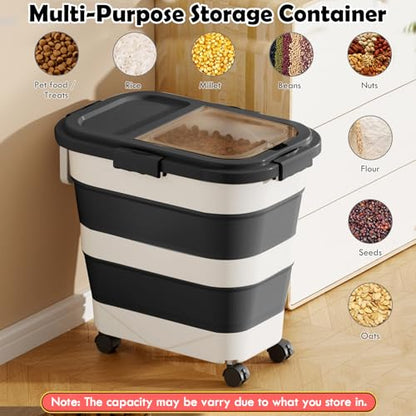 Dog Food Storage Container, 25Lbs Large Collapsible Pet Cat Food Container with Airtight Lids Wheels Handle Scoop Measuring Cup Small Container, Rice Kitchen Dry Food Storage Dispenser Bin (Black)