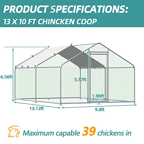 MEETWARM Large Metal Chicken Coop Run, Walk-in Enclosure Poultry Hen Run House, Spire Shaped Chicken Pen with Waterproof & Anti-UV Cover for Outdoor Farm Use(9.8' L x 13.12' W x 6.56' H) - color: 9.8' L x 13.12' W x 6.56' H