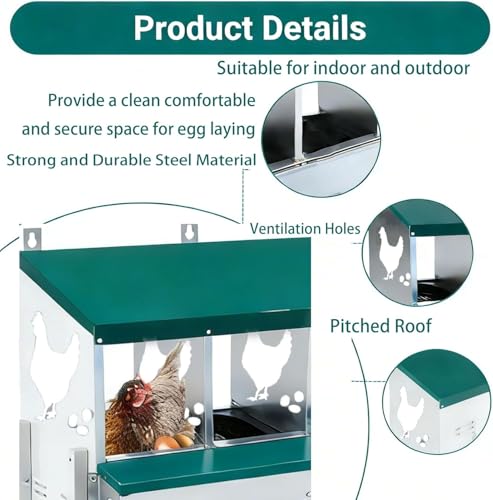 Garvee Large Metal Chicken Nesting Boxes for Hens, 6 Compartment Galvanized Steel Nesting Box with Legs, Includes 4 Fake Eggs & 10 Soft Nest Pads, Wall Mount or Freestanding for Coop & Farm - style: 6 Holes w/ Legs