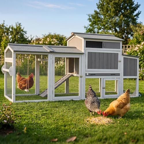 Chicken Coop with Run, Weatherproof Mobile Chicken Tractor Hen House with Wheels, Nesting Box, Roosting Bars, Pull-Out Tray, Asphalt Waterproof Roof & Fun Swing for Chickens Quails Gray - color: Grey