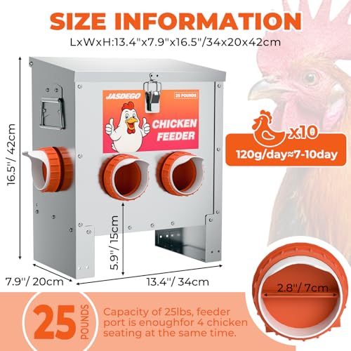 4 Ports Metal Chicken Feeder No Waste 25 Pounds Automatic Poultry Feeder with Latch & Handle for Chickens Bantams Pheasants Poultry Coop Rodent Proof - size: 4 Ports (25 LBS)