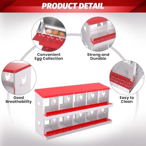 IDEALHOUSE Chicken Nesting Box, Galvanized Steel Laying Box with Rustproof & Roll-Away Egg Design, for Hens, Red 10 Compartment No Bracket - color: Red, size: 10 compartments (without bracket)