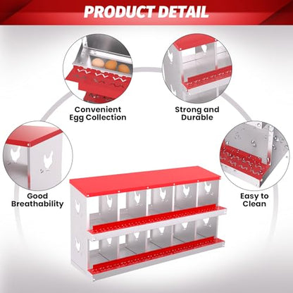 IDEALHOUSE Chicken Nesting Box, Galvanized Steel Laying Box with Rustproof & Roll-Away Egg Design, for Hens, Red 10 Compartment No Bracket - color: Red, size: 10 compartments (without bracket)