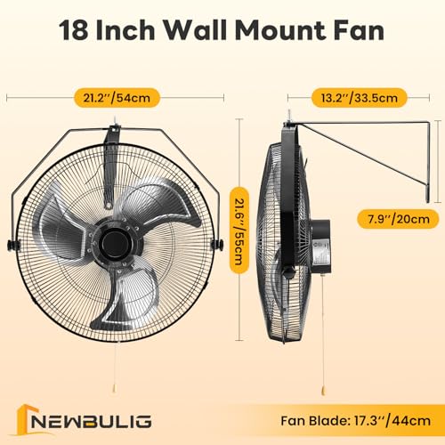 NEWBULIG 18 Inch Metal Wall Mount Fan, 3-Speed High Velocity Fan with 2600 CFM, Vertical & Horizontal Adjustable Tilt for Warehouse, Industrial, Greenhouse, Commercial