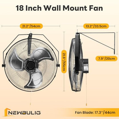 NEWBULIG 18 Inch Metal Wall Mount Fan, 3-Speed High Velocity Fan with 2600 CFM, Vertical & Horizontal Adjustable Tilt for Warehouse, Industrial, Greenhouse, Commercial