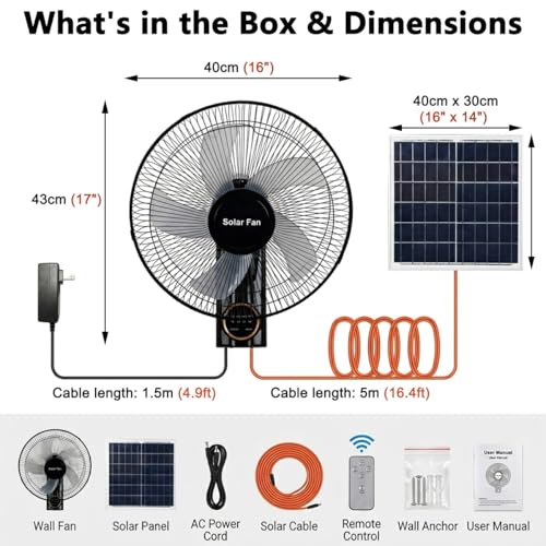 16" Solar Barn Fan for Chicken Coop and Greenhouse, Exhaust Wall Mount Fan with Remote, 16ft Extension Cable AC/Solar Dual Power, 90° Oscillating Waterproof Garage Cooling System